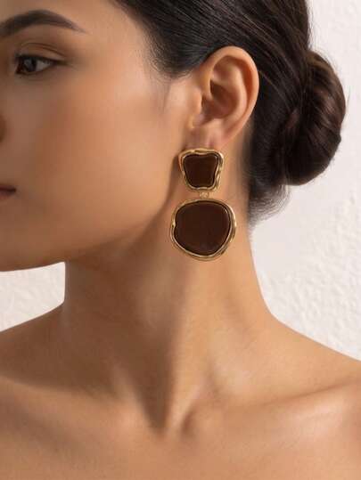 1 Pair Vintage Style Double-Layer Geometric Stud Earrings, Rose Gold Trim With Dark Brown Finish, Suitable For Urban Women Seeking Minimalist Elegance