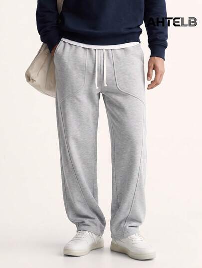 AHTELB Men's All-Season Drawstring Elastic Waist Casual Wide Leg Pants, Double Side Pockets Loose Sports Long Pants Fall