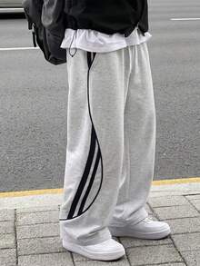 1pc Boys Teenager Autumn American Sports Style Patchwork Casual Loose Straight Leg Pants - Grey - View 1