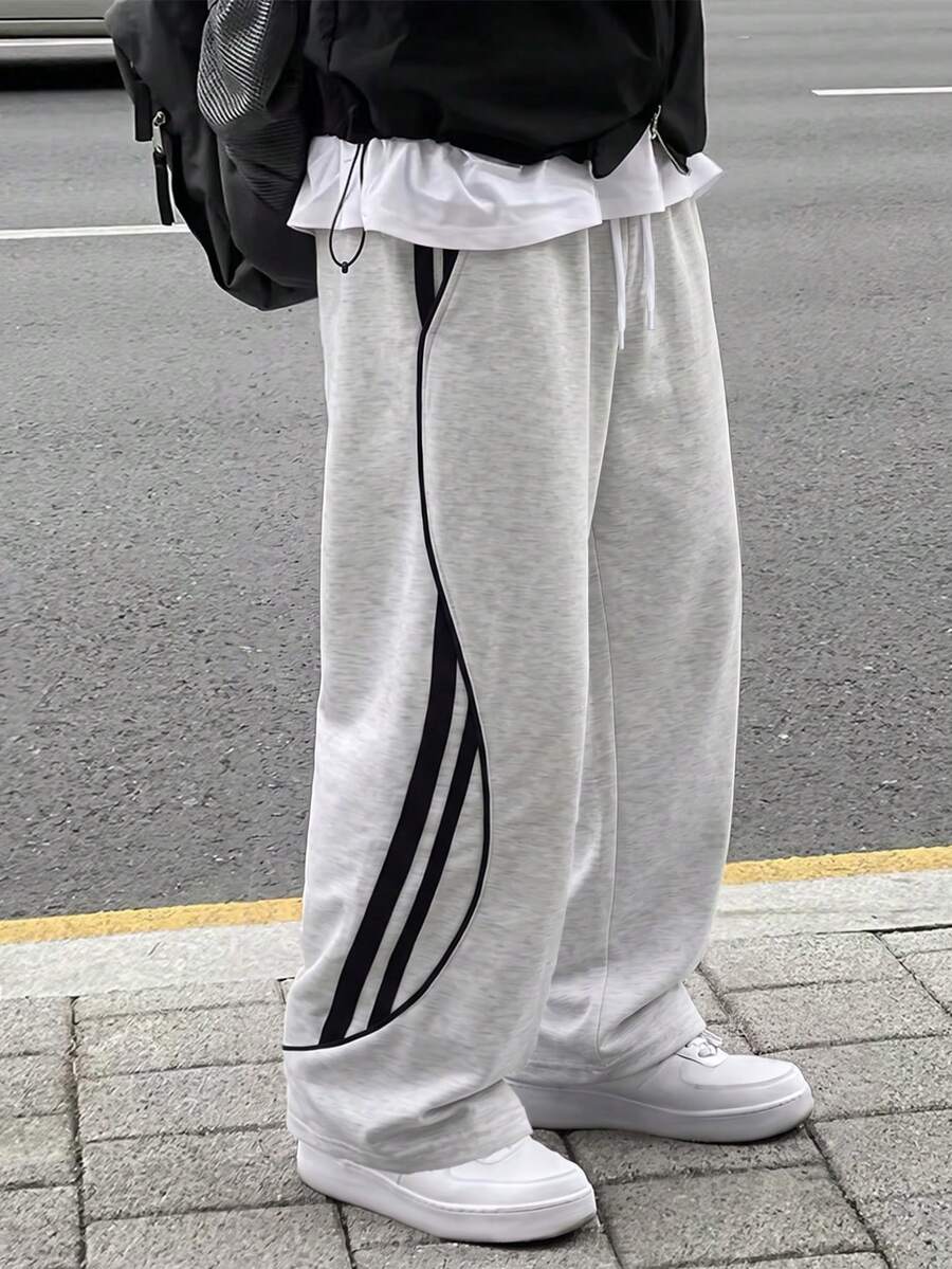 1pc Boys Teenager Autumn American Sports Style Patchwork Casual Loose Straight Leg Pants - Grey - View 1