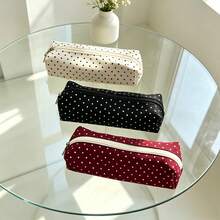 1pc Minimalist Polka Dot Pencil Case, Classic Solid Color Canvas Pencil Bag, Simple Zipper Stationery Storage Bag, Portable Small Cosmetic Organizer, Suitable For Students, Teenagers Back To School, Office Daily Use, 3 Colors Available,Back To School - Pencil Case - View 2
