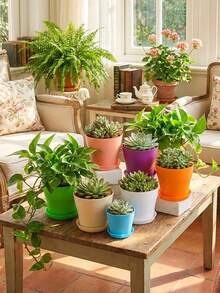 20/2pcs Colorful Mini Plastic Succulent Planters With Drainage Holes And Trays, Portable Lightweight Small Flower Pots, Indoor/Outdoor Nursery Containers, Space-Saving Home Garden Decor, Practical Gardening Gift - Multicolor - View 2