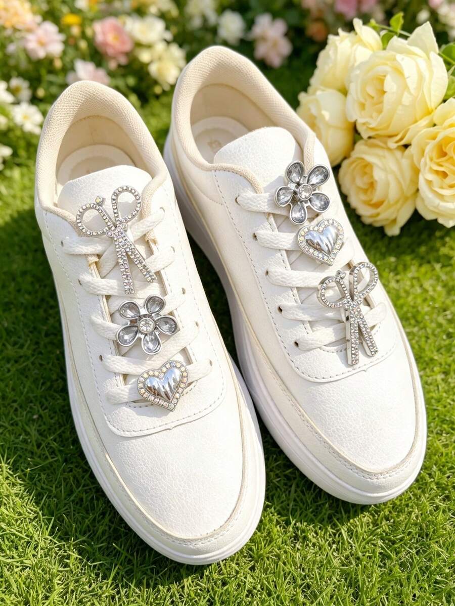 6pcs Versatile ABS Rhinestone Scissor Heart Shoe Charms, DIY Detachable Shoe Decorations, Shoe Accessories Suitable For Sneakers, Sports Shoes, Casual Shoes, Holiday Gifts - Silver - View 1