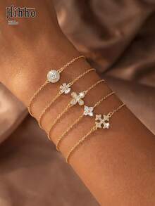 Hihho 1pc Gold Thin Chain Adjustable Bracelet With Diamond, Star, Moon, Flower, Cross, 5 Styles Optional, Stackable Women's Luxury Tennis Bracelet Accessory, Suitable For Gift-Giving Occasions, Birthday And Holiday Gift Consumption Needs - Gold - View 8