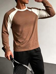 ZYNTH BALENO Kaos Pria Lengan Panjang Raglan Longgar dengan Kerah Bulat dan Motif Patchwork, Cocok untuk Gym, Lari, dan Mendaki. - Coklat - View 1