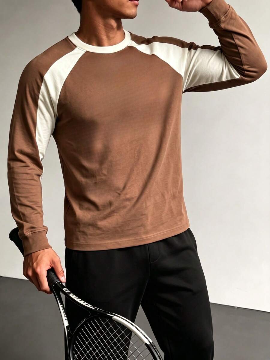 ZYNTH BALENO Kaos Pria Lengan Panjang Raglan Longgar dengan Kerah Bulat dan Motif Patchwork, Cocok untuk Gym, Lari, dan Mendaki. - Coklat - View 1