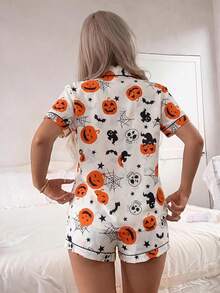 2pcs Women's Halloween Pumpkin & Bat Short Sleeve Collared Top And Bow Shorts Pajama Set - Apricot - View 2