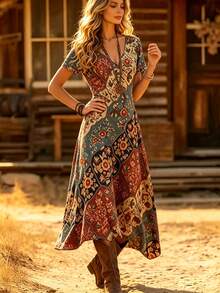 Plus Size Women's Retro Western V-Neck Floral Print Short Sleeve Casual Dress, Spring/Summer Elegant - Blue - View 5