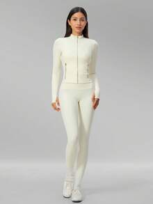 MFVIM Women's Versatile Yoga Set, Soft Skin-Friendly Fitted Jacket + Butt-Lifting Slimming Wide Leg Casual Pants - Creamy White - View 6