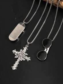 3pcs Vintage Gothic Hip Hop Style Cross Skull Moth Star Bat Sun Eye Necklace Stainless Steel NK Chain Men's Necklace Set - Silver - View 13