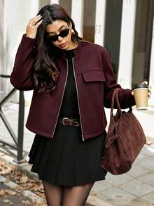 Autumn/Winter New Burgundy Stand Collar Double Pocket Zipper Wool Jacket, Elegant Casual Business Style For Office, Dating, Travel - Burgundy - View 2