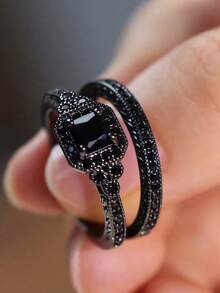 1 Set Of 2 Fashionable Rings With Artificial Cubic Zirconia Inlay, Unique And Personal Black Tone Wedding Proposal, Engagement, And Wedding Rings Presents For Friends - Black - View 2
