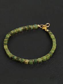 1pc Unisex Natural Canadian Stone Square Bead Bracelet With Gold Spacer Beads And Lobster Clasp, Minimalist Bohemian Style, Versatile Summer Accessory, Ideal Gift For Men - Canadian Stone - View 3