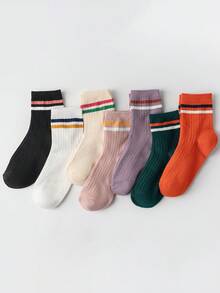 1/7 Pairs All-Season Moisture-Wicking Soft Skin-Friendly Breathable Odor-Resistant Black & White All-Match Color Contrast Striped Edge Mid-Calf Socks Retro Colorful All-Match Style Student Versatile Casual Long Socks - Multicolor - View 2