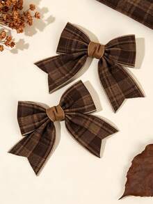 2pcs Brown Bow Hair Clips For Girls,Fabric Brown Plaid Pattern Decor Hair Bows For Girls,Fashion Fall Hair Accessories For Girls Autumn Gifts - Brown - View 3