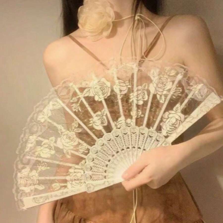مروحة دانتيل وردة ذهبية فاخرة، مصنوعة من مادة دانتيل أنيقة وجميلة، مثالية للتصوير والرقص، إكسسوار أساسي للنساء العصريات! - متعدد الألوان - مشاهدة 1