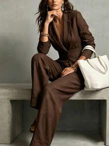Women's 2-Piece Faux Suit Set, Lapel Waist-Tie Cropped Blazer With High-Waist Pleated Wide-Leg Pants, Elegant Casual Commute Outfit - Coffee Brown - View 10