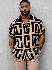 Men's Fashion Short Sleeve Shirt, Colorblock Design, Casual Minimalist Versatile Commute Streetwear, Summer Plus Size Thin Shirt - Khaki - View 1