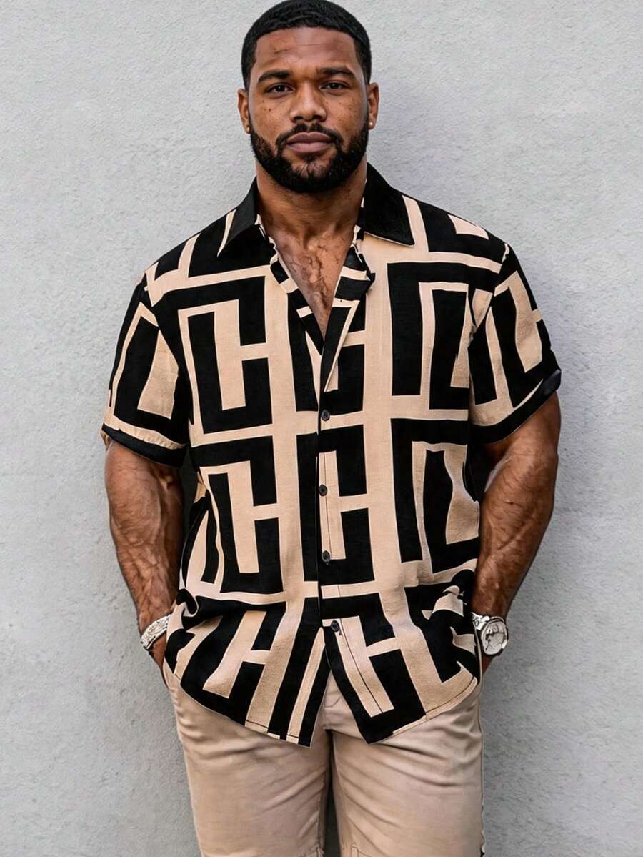 Men's Fashion Short Sleeve Shirt, Colorblock Design, Casual Minimalist Versatile Commute Streetwear, Summer Plus Size Thin Shirt - Khaki - View 1
