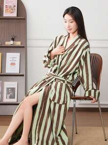 Women's Autumn/Winter Long Bathrobe: Retro Striped Tie Design, Thick Flannel Fabric, Highly Absorbent, Soft And Comfortable, Suitable For Home And Bathroom Wear, Machine Washable. - Multicolor - View 8