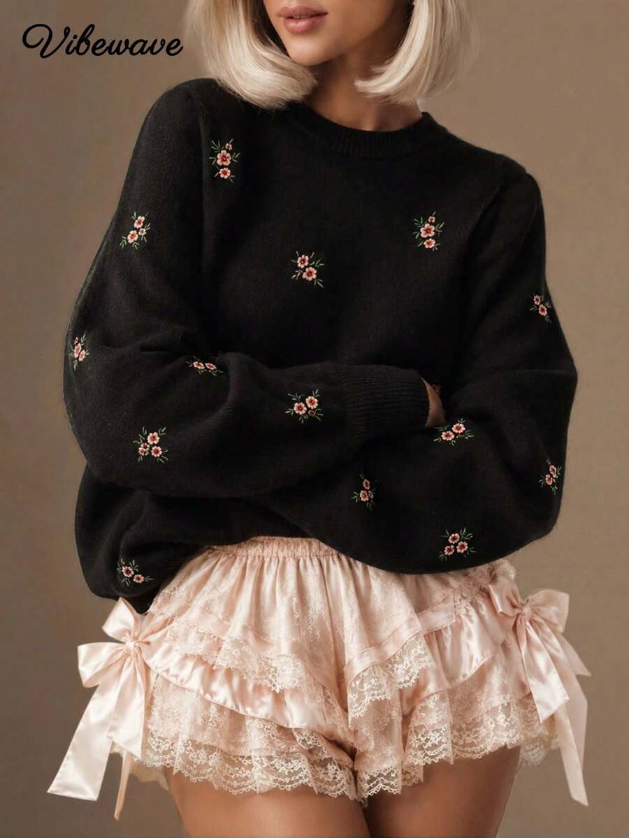 Floral Embroidery Crew Neck Knit Pullover For Women, Black Relaxed Drop Shoulder Lantern Long Sleeve Sweater, Vintage Cottagecore Fall Winter Top - Black - View 1