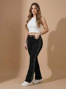 pthirillo Women's Black Flare Jeans With Rhinestones, High Waist, Butt-Lifting, Premium Shine - 側面飾有水鑽條紋 - 查看 8