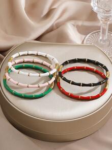 5 pièces/1 pièce Bracelet en acier inoxydable minimaliste avec joint en bambou et goutte d'huile colorée, convient pour le port quotidien et les fêtes des femmes - Multicolore - Voir 4