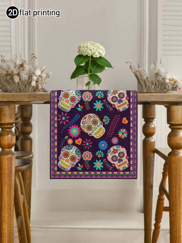 1pc,Mexican Day Of The Dead Style Printed Table Runner,Microwave Dust Cover,Protective Cover,Rectangular Tablecloth,Washable,Suitable For Home Dinner,Coffee Table,Kitchen And Dining Room Decor,Table Decoration Party And Scene Decoration,Home Decor,Outdoor Patio Table Runner Decoration,Entryway Decor,Fireplace Cloth Decoration