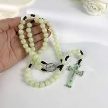 復古壓克力發光珠 59顆天主教玫瑰念珠項鍊，十字架吊墜，女性祈禱靈性珠寶項鍊 - 螢光綠 - 查看 5