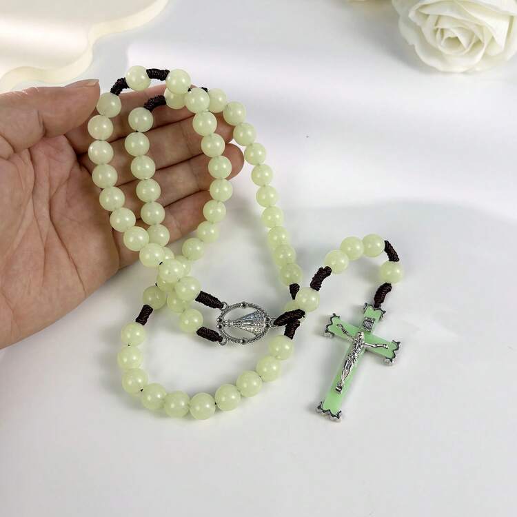Vintage Acrylic Glowing Beads 59pcs Catholic Rosary Necklace, Cross Pendant, Women's Prayer Spiritual Jewelry Necklace - Fluorescent Green - View 4