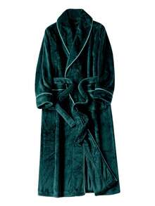 秋冬法蘭絨居家服，中性情侶款長版加厚保暖舒適睡袍，附腰帶與大口袋 - 綠色 - 查看 6
