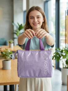 Rectangular Letter Print Lunch Tote Bag, Glossy PU Outer Layer, Contrast Color Handle, Zipper Closure, Aluminum Foil Lining, Large Capacity Insulated Lunch Bag, Suitable For Women, Work, Office, Picnic, Beach, Camping, Travel, Spring/Summer Daily Use - Multiple Styles - View 2