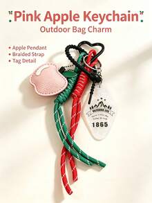 PU Apple Keychain, Bag Charm With Braided Rope Tassel, Mountain Print Acrylic Tag & Heart‑Shaped Carabiner, Cute Fruit Pendant For Backpack Purse - Multicolor - View 9