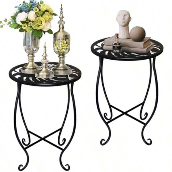 Small Side Tables For Small Space, 2 Pack Metal Outdoor Indoor Side Table Weather Resistant Mini Metal Round Side Table Pool Chair Side Table For Patio Yard Porch Balcony Garden Bedside, Black