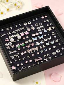 12/20 Pairs Exquisite Silver Stud Earrings Set, Bow & Heart Mixed Design, Y2K Aesthetic Pierced Earrings, Jewelry Gift For Women, Teen Girls - Sweet Butterfly Flower Stud Earrings - View 4
