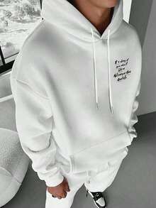 Men's Autumn/Winter Fashion Versatile Handwritten English Print Pullover Sweatshirt, Casual Loose Fit With Pockets And Drawstring Pullover - White - View 6