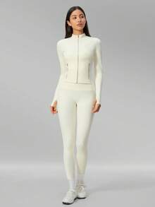 MFVIM Women's Versatile Yoga Set, Soft Skin-Friendly Fitted Jacket + Butt-Lifting Slimming Wide Leg Casual Pants - Creamy White - View 7