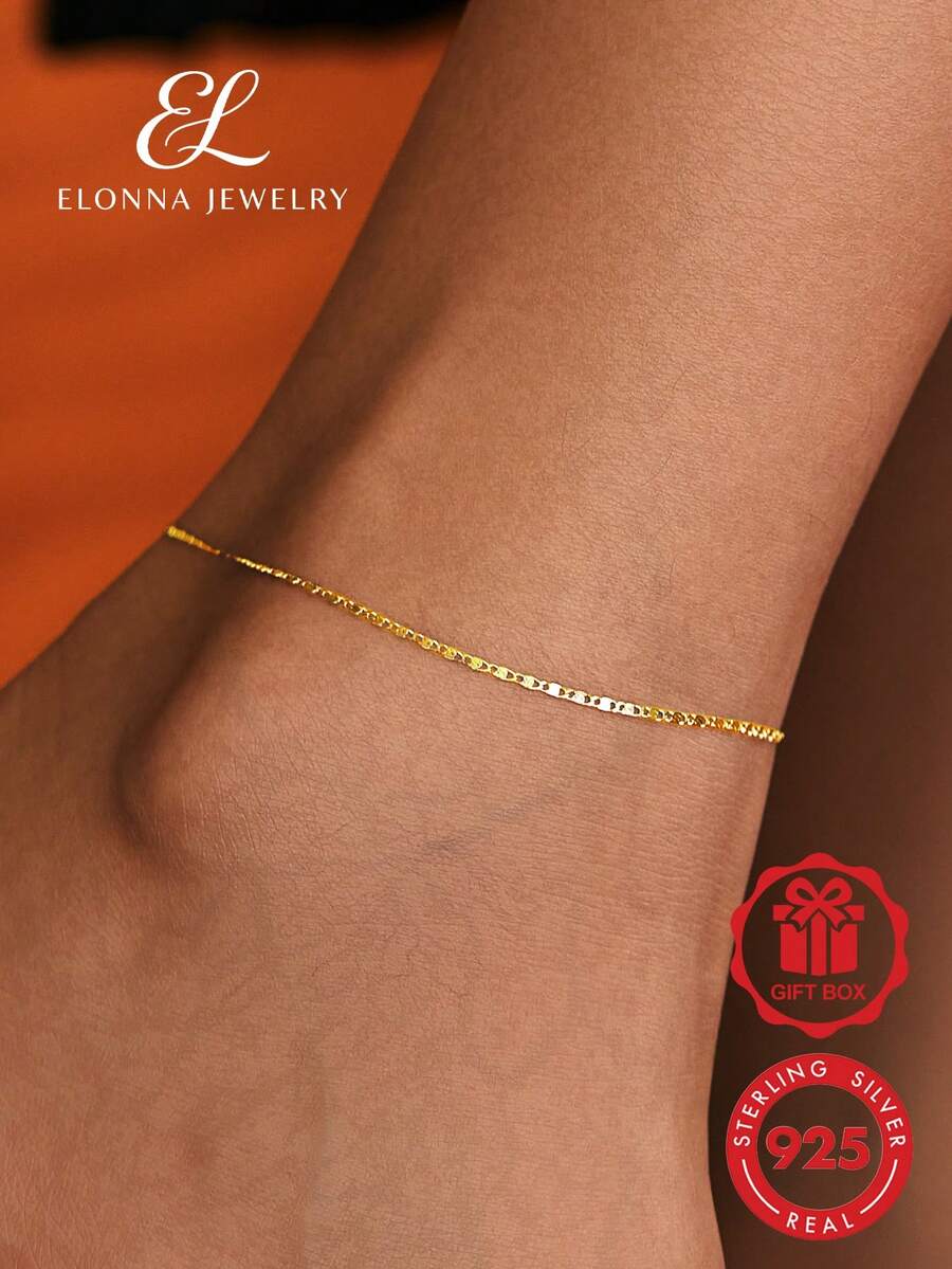 SYMFNY 1pc 925 Sterling Silver Delicate Anklet, Minimalist Jewelry For Women - Yellow Gold - View 1