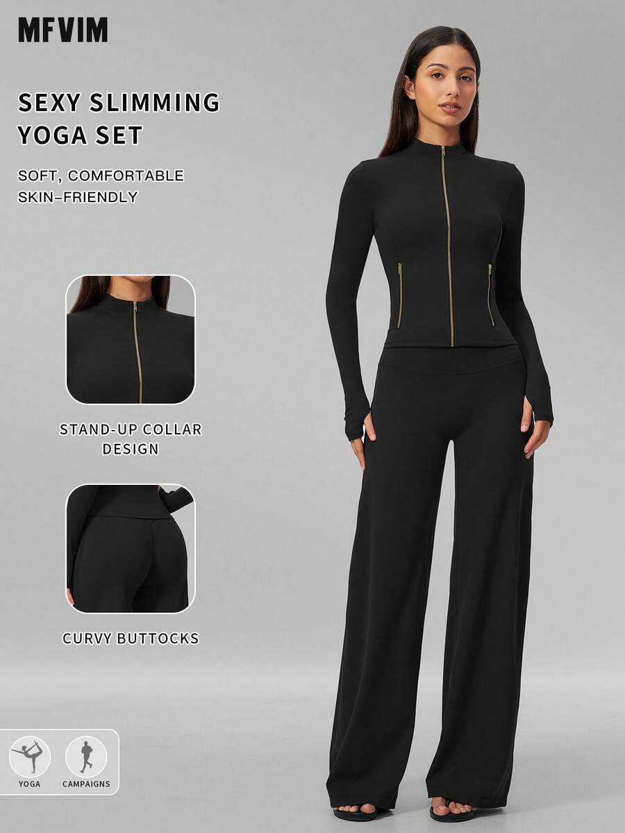 MFVIM Women's Versatile Yoga Set, Soft Skin-Friendly Fitted Jacket + Wide Leg Casual Versatile Pants