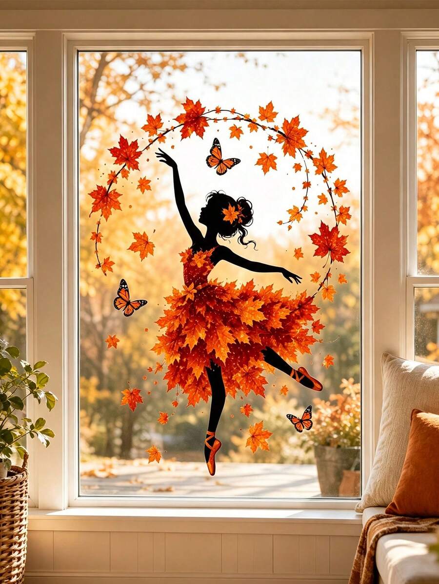 Autumn Leaf Dancer Silhouette Window Decal, Glue-Free PVC Static Cling, Creative Aesthetic Maple Leaf & Butterfly Glass Sticker, Autumn Atmosphere Art Window Sticker - Multicolor - View 1