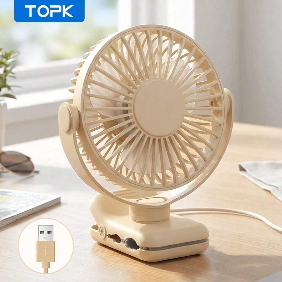 TOPK USB Clip-On Desktop Fan, Brushless Motor, Quiet Powerful Airflow, Strong Clip Ensures Secure Attachment, Stylish Design, Portable Cooling, High-Quality Structure, Mini Portable Personal Fan Suitable For Bedroom And Office