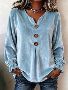 Plus Size Women's Solid Color Button Front Casual Vacation Long Sleeve Top, Autumn/Winter - Baby Blue - View 1