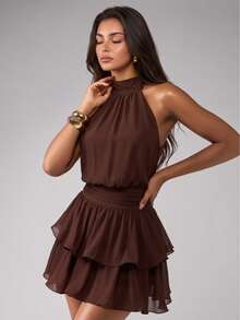 Elegant Fashion Brown Halter Neck Backless Layered Ruffle Mini Dress - Wedding - Brown - View 11