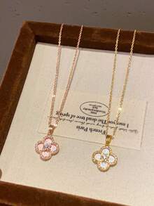 1pc Fashionable & Versatile Shell Rhombus Flower Pendant Necklace, Elegant Clavicle Chain, Luxury Aesthetic - Four Leaf Clover Necklace - View 1