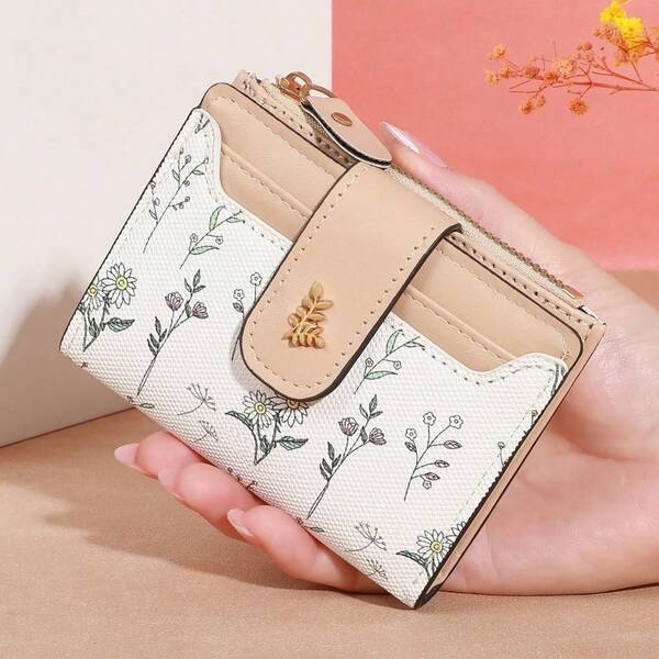 1 pieza Billetera pequeña de moda para mujer - Diseño floral, cierre a presión, ideal para tarjetas y monedas, billetera para mujer, esencial de viaje, esencial de vacaciones, regalo para ma