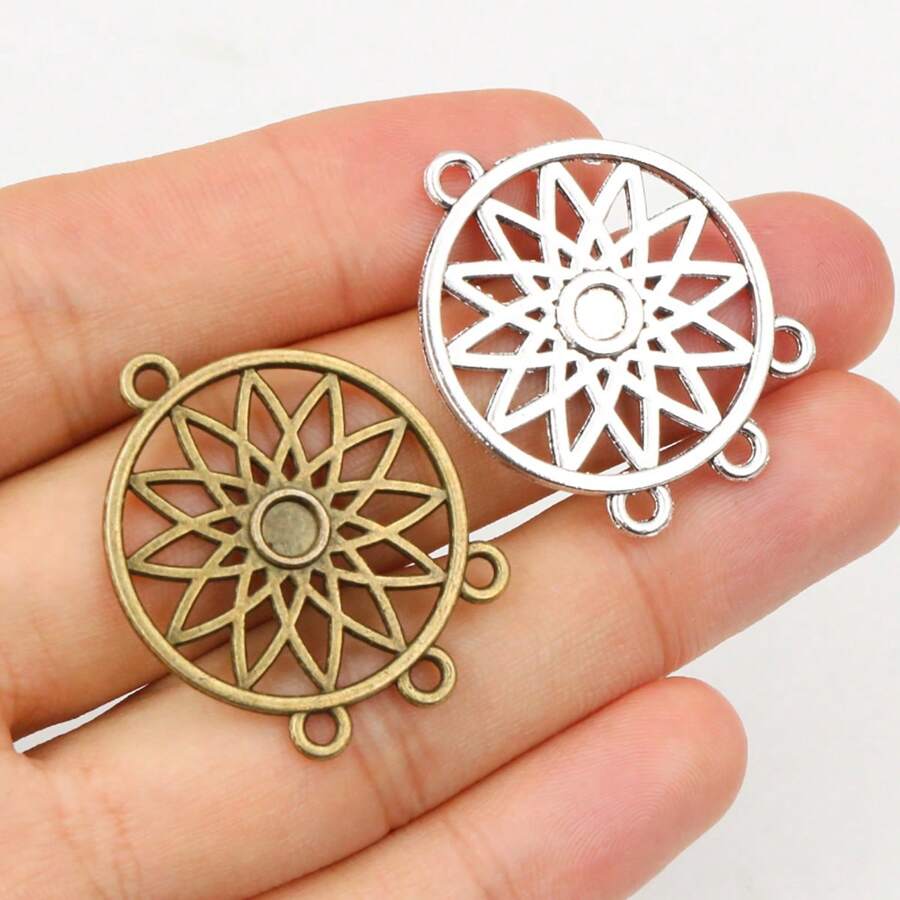 10件 33x26mm 圓形花朵吊墜連接件 3個環 DIY珠寶手工配件 - charms connector - 查看 1