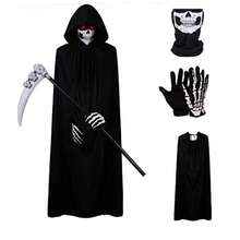 Adult Halloween Grim Reaper Costume Set, Black Hooded Cloak, Party Masquerade Role Play Decoration Props Set - Multicolor - View 3