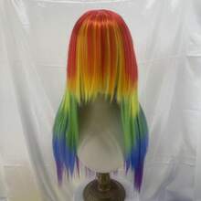 Vibrant 26 Inch Rainbow Color Long Straight Wig, Side Bangs Rainbow Hair Color, Anime Inspired Wig, Synthetic Fiber Wig, Adjustable Breathable Inner Cap, Easy To Style, Suitable For Cosplay, Party And Daily Wear, Perfect For Halloween Events - Multicolor - View 6