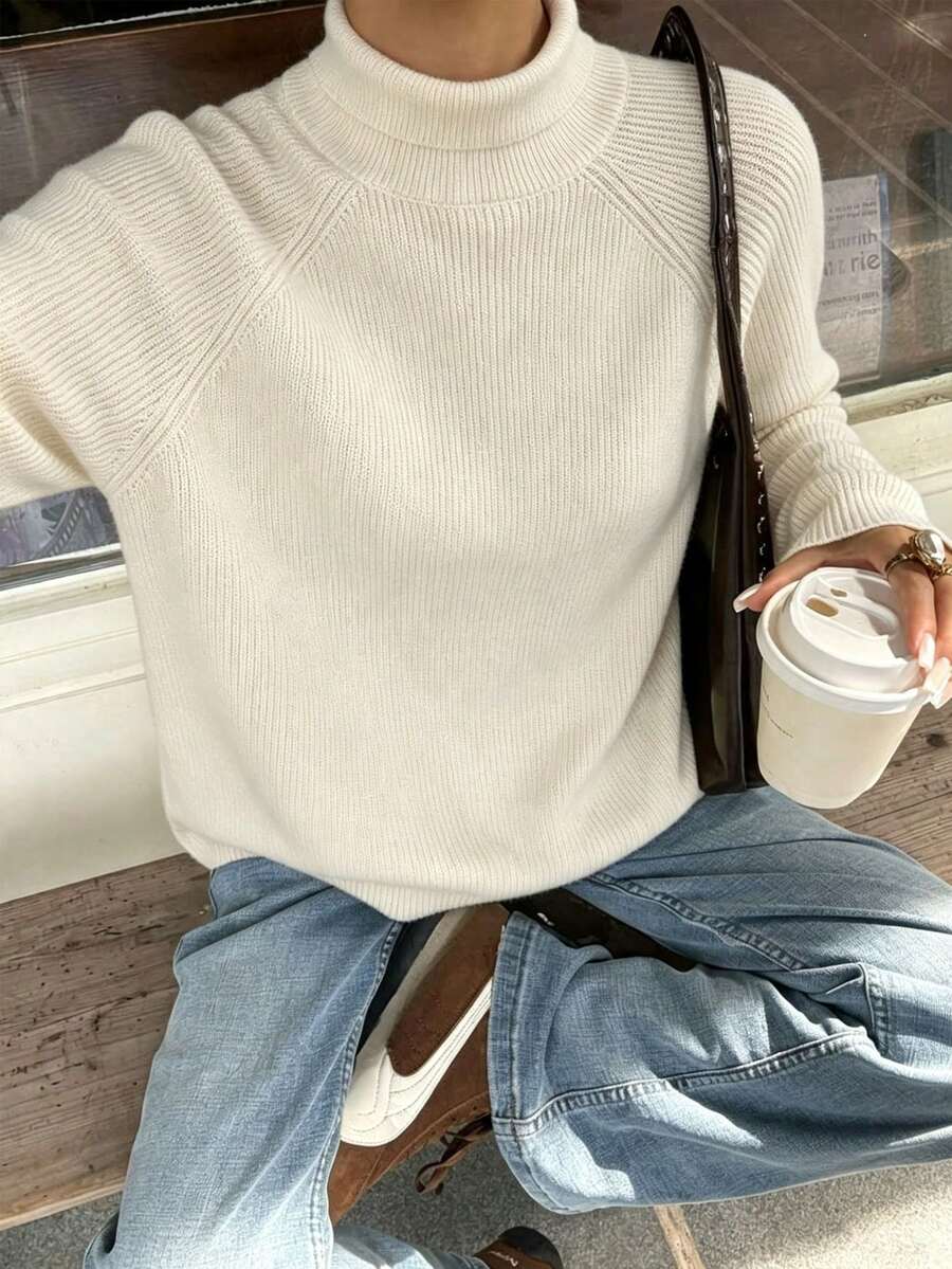 Women's High Neck Ribbed Knit Sweater, Raglan Long Sleeve Soft Fitted Layering Top, Autumn/Winter Casual Basic Knitwear - Apricot - View 1
