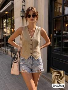 Plus Size Women's Casual Linen Vest Jacket, Suitable For Spring/Summer Holiday, Aesthetic Brown - Brown - View 1